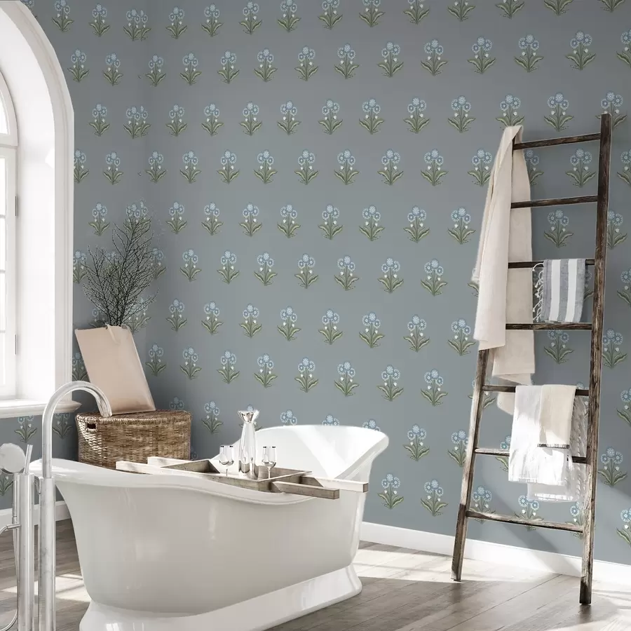 Valokuvatapetti Tyylitellyt kukat harmaansinisellä taustalla, viileä värimaailma a00494v1