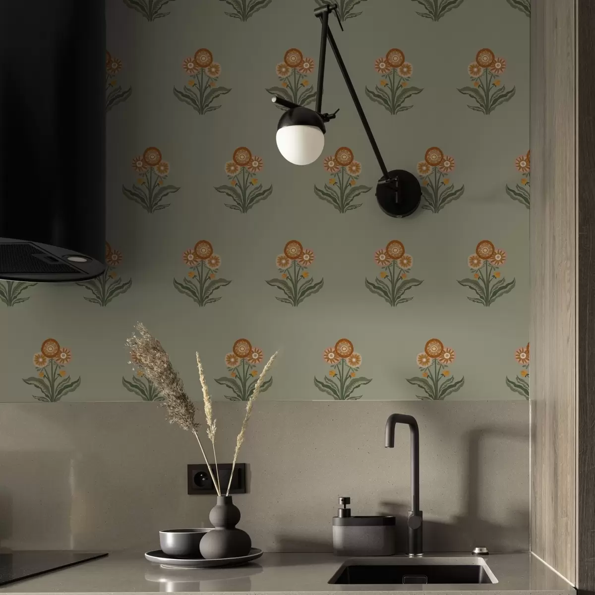 Taustakuva Tyylitellyt kukat oliivinvärisellä taustalla, lämpimät sävyt a00494v2