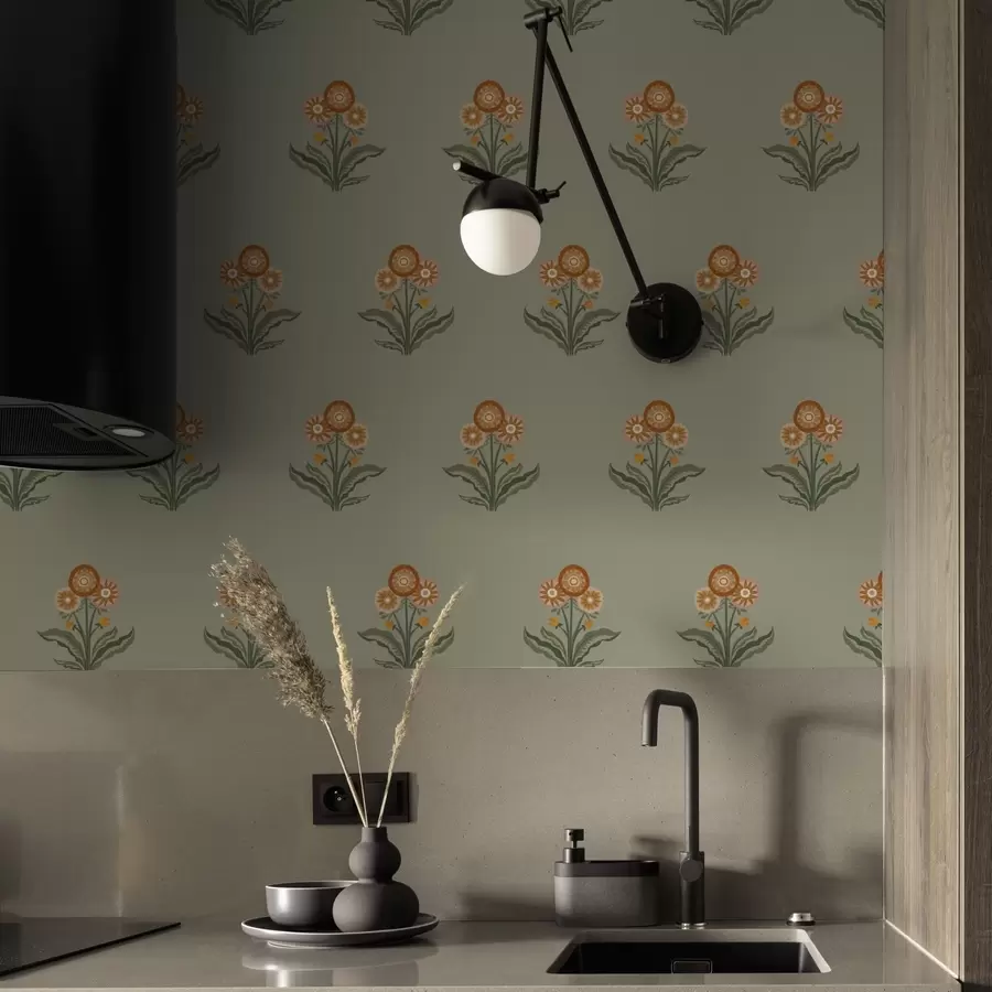 Valokuvatapetti Tyylitellyt kukat oliivinvärisellä taustalla, lämpimät sävyt a00494v2