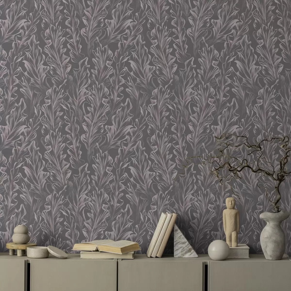 Taustakuva Grafiittitaustalla virtaavat lehtien aallot, suuri kontrasti a00495v1