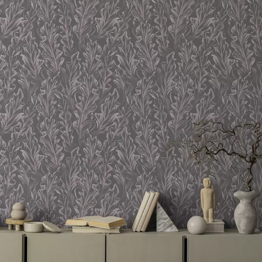 Valokuvatapetti Grafiittitaustalla virtaavat lehtien aallot, suuri kontrasti a00495v1