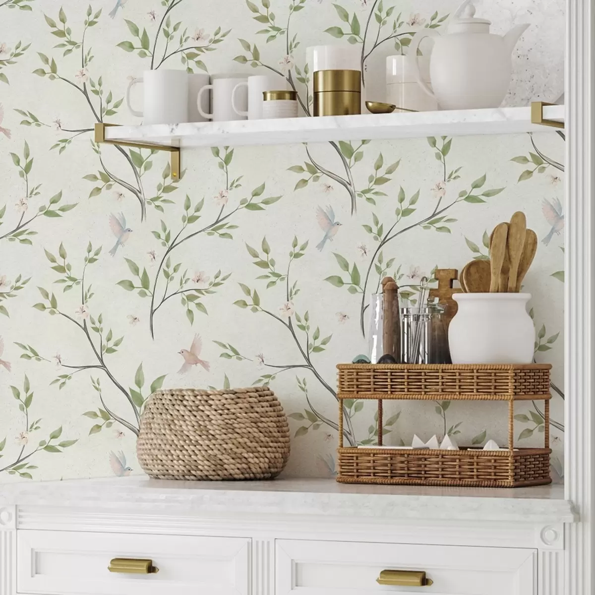 Taustakuva Vesivärihaarat lehdillä ja linnuilla vaalealla pohjalla a00496