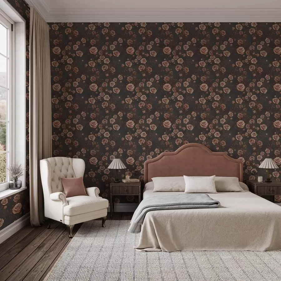 Valokuvatapetti Vintage-ruusut grafiittitaustalla, terrakottapaletti a00497v1