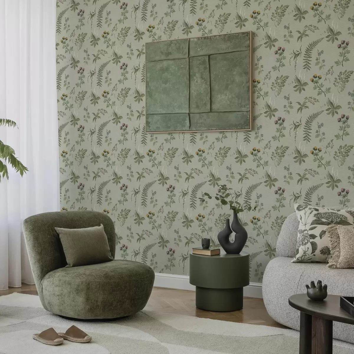 Taustakuva Kasvitieteelliset ruohot ja saniaiset vaalean harmaavihreällä pohjalla a00498