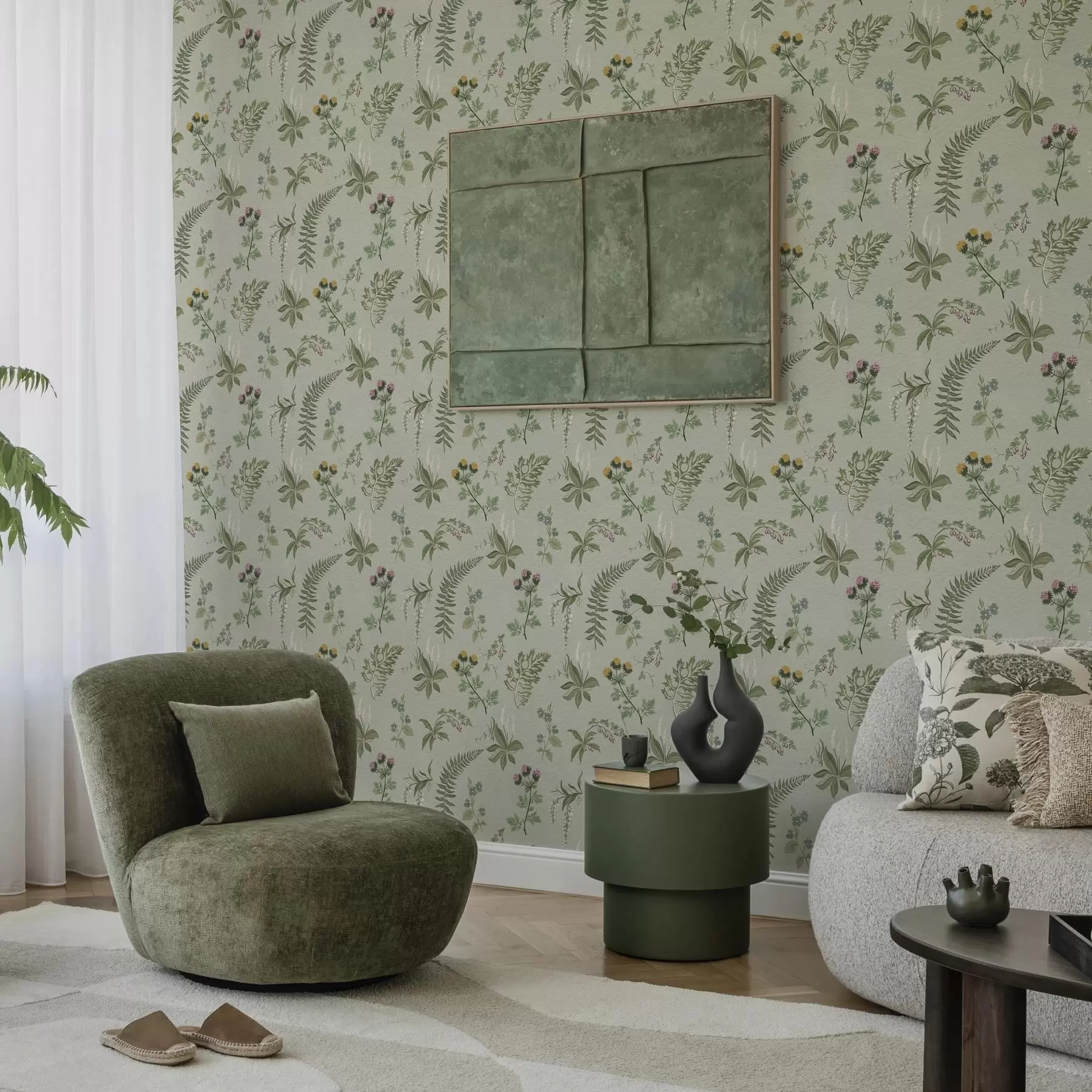 Valokuvatapetti Kasvitieteelliset ruohot ja saniaiset vaalean harmaavihreällä pohjalla a00498