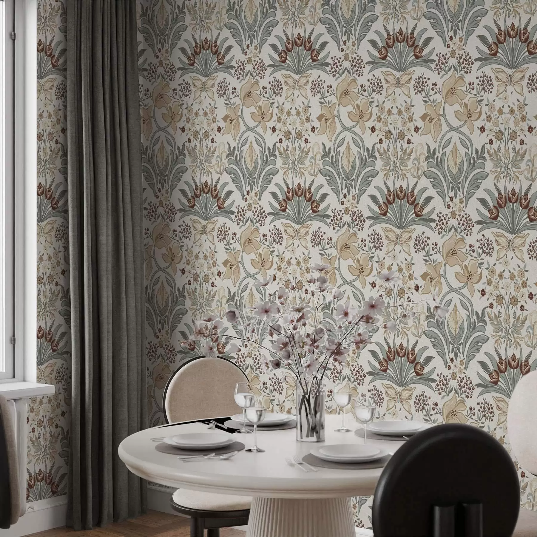 Valokuvatapetti Koristeelliset liljat ja perhonen kermanvärisellä taustalla a00500