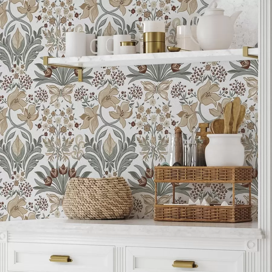 Valokuvatapetti Koristeelliset liljat ja perhonen valkoisella taustalla a00500v1