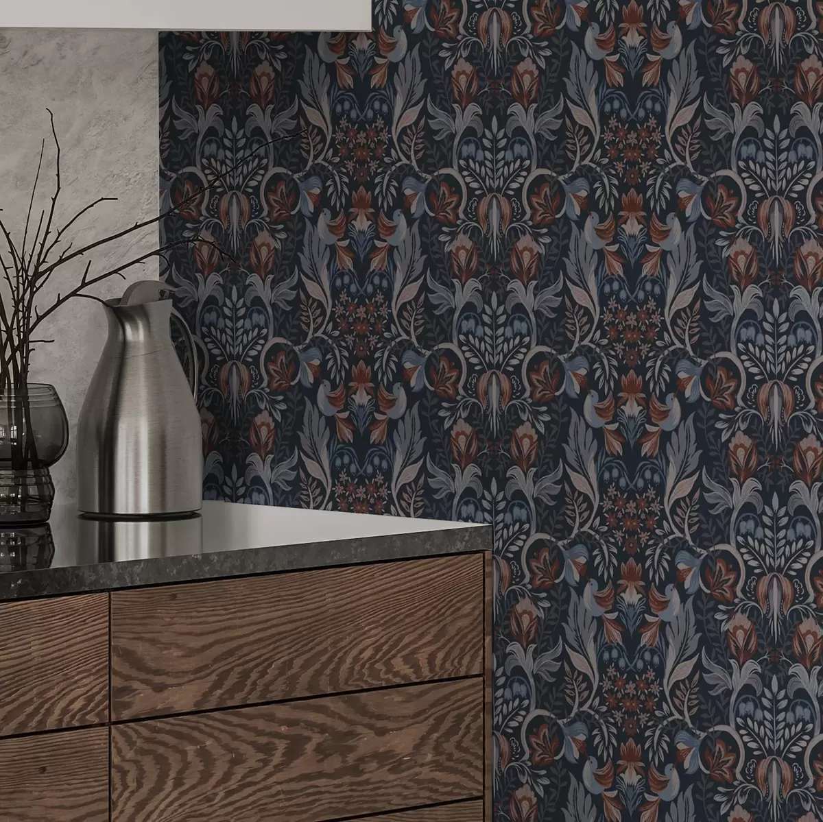 Taustakuva Kansanornamentti, jossa on lintuja, syvä indigo a00502v1