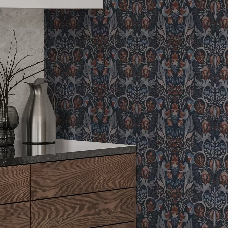 Valokuvatapetti Kansanornamentti, jossa on lintuja, syvä indigo a00502v1