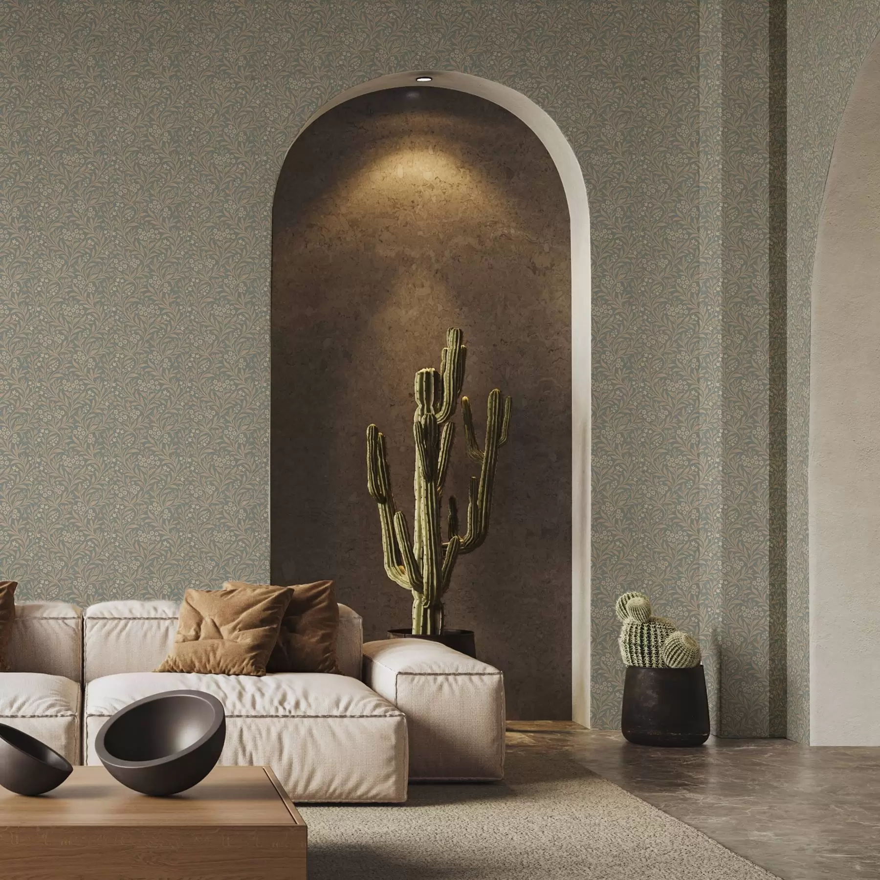 Valokuvatapetti Morris-tyyli: beige oksat harmaavihreällä taustalla a00569