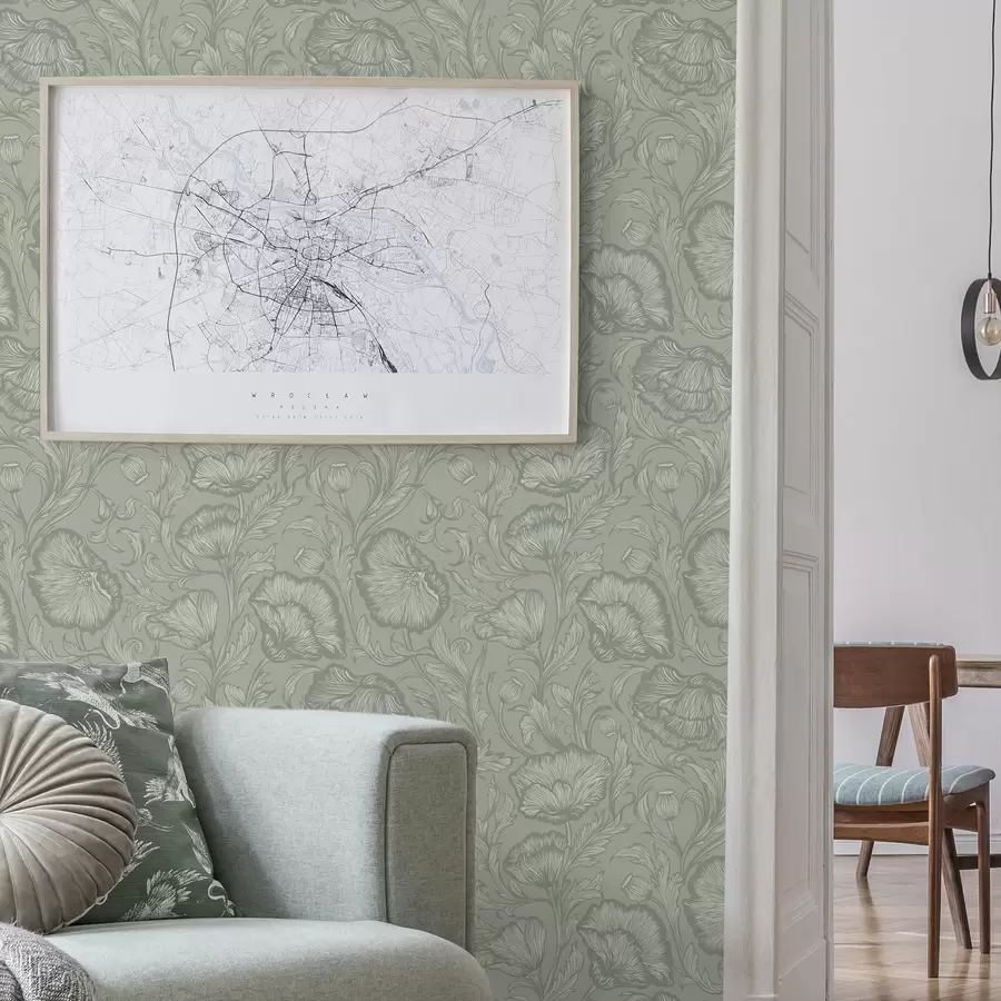 Valokuvatapetti Viivapiirroksina tehdyt unikot harmaavihreällä taustalla a00572v1