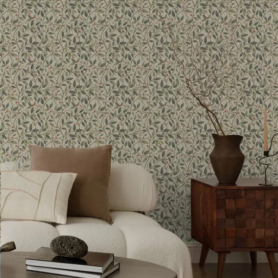 Valokuvatapetti Oliivipuun oksat marjoineen lämpimällä vaalealla pohjalla a00573