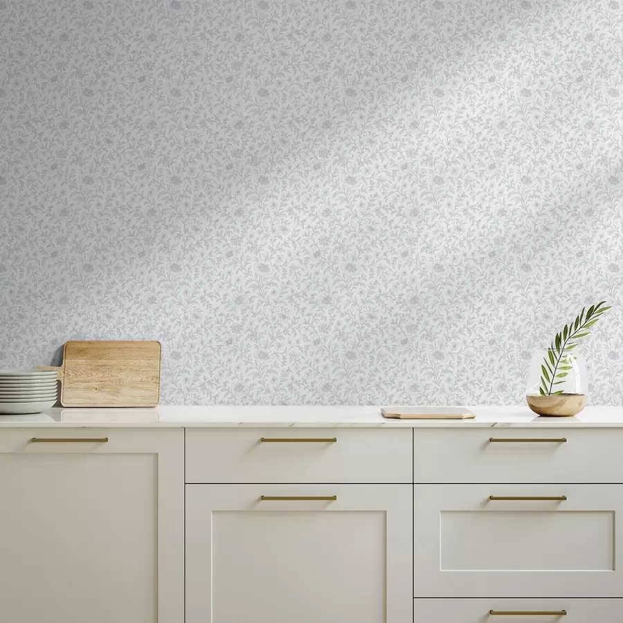 Valokuvatapetti Hienot siniset viivapiirroskukat luonnonvalkoisella taustalla a00576