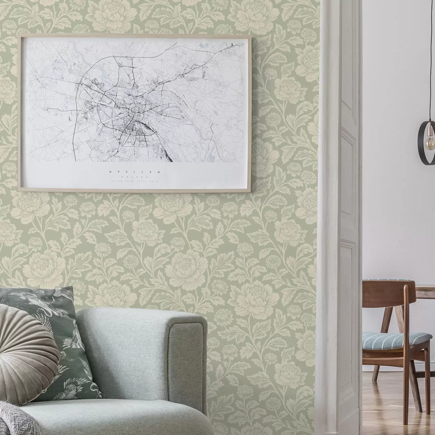 Valokuvatapetti Suuret viivapiirroksiset pionit salvia-taustalla a00582