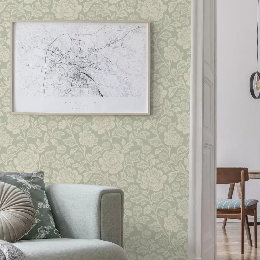 Valokuvatapetti Suuret viivapiirroksiset pionit salvia-taustalla a00582