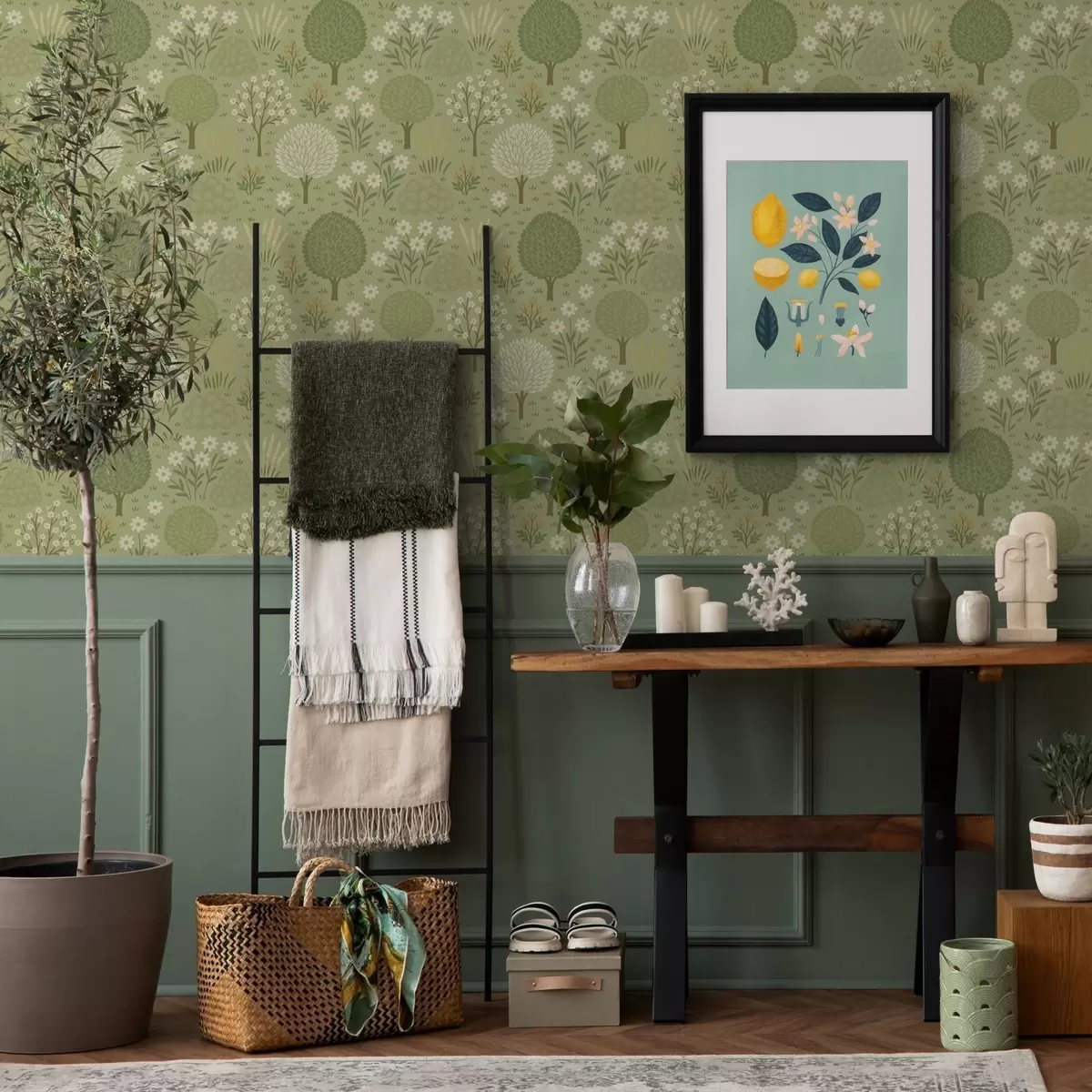 Taustakuva Lasten vihreä puutarha: puita, kukkia ja vehnää a00586