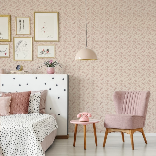 Valokuvatapetit Linnut ja ruusut, vintage-kuvio jauhevaaleanpunaisella pohjalla, Tapetit Kukat ja Kasvit, a00587 : Uwalls.fi