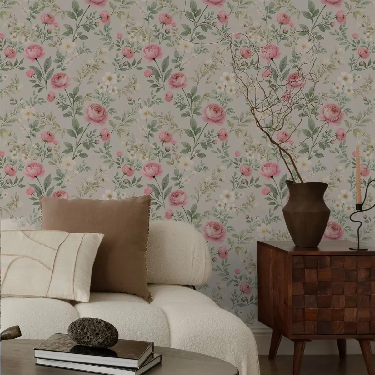 Taustakuva Vesiväri-pionit ja valkoiset kukat harmaabeigellä pohjalla a00592