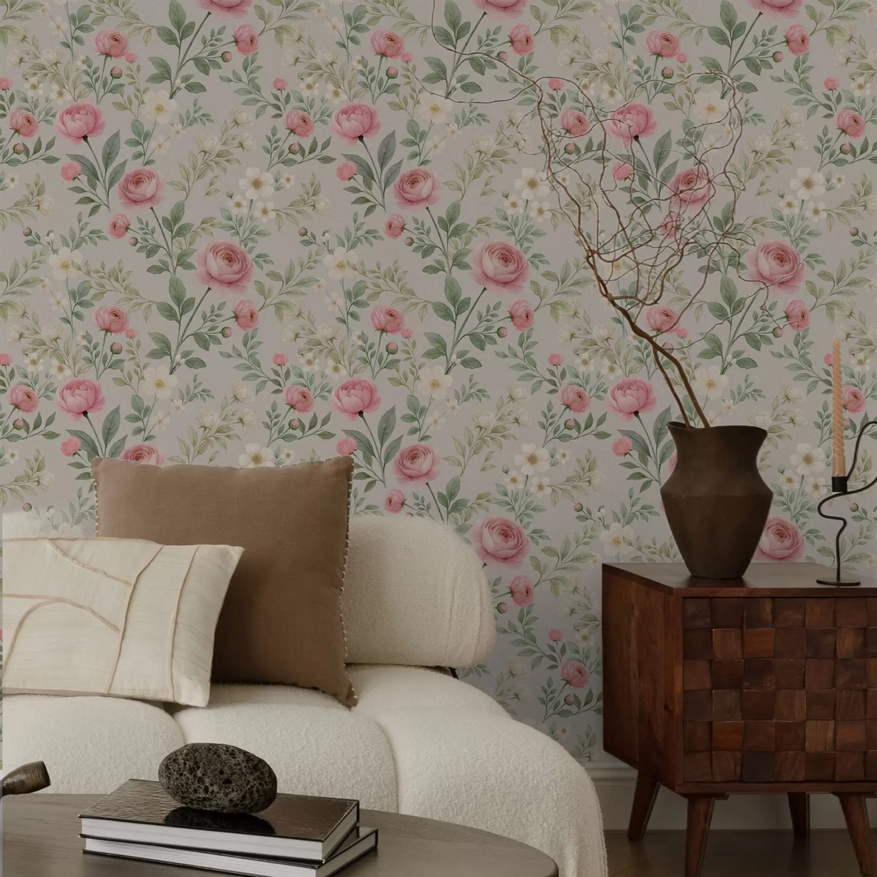 Valokuvatapetti Vesiväri-pionit ja valkoiset kukat harmaabeigellä pohjalla a00592