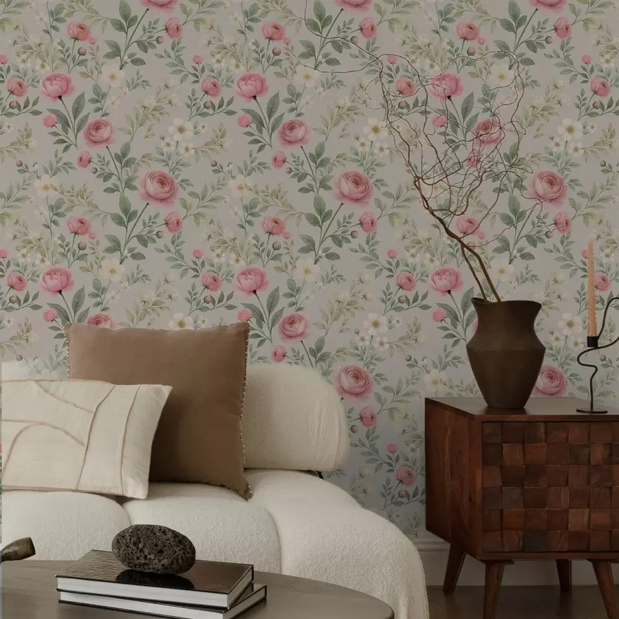 Valokuvatapetti Vesiväri-pionit ja valkoiset kukat harmaabeigellä pohjalla a00592