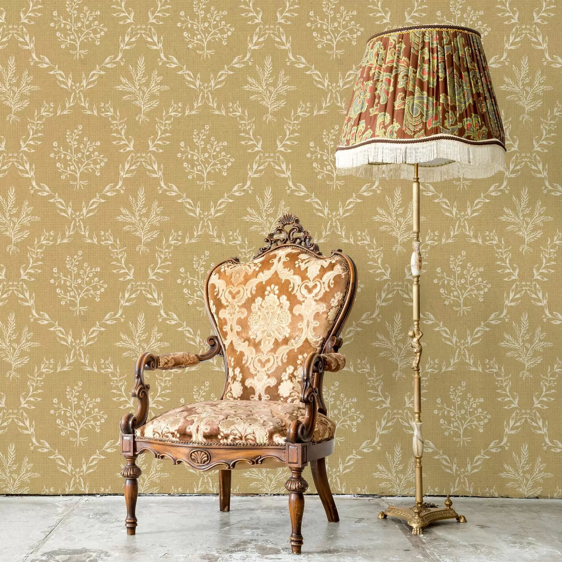 Valokuvatapetti Valkoiset yrtti- ja kukkaseppeleet sinapinvärisellä pohjalla a00599