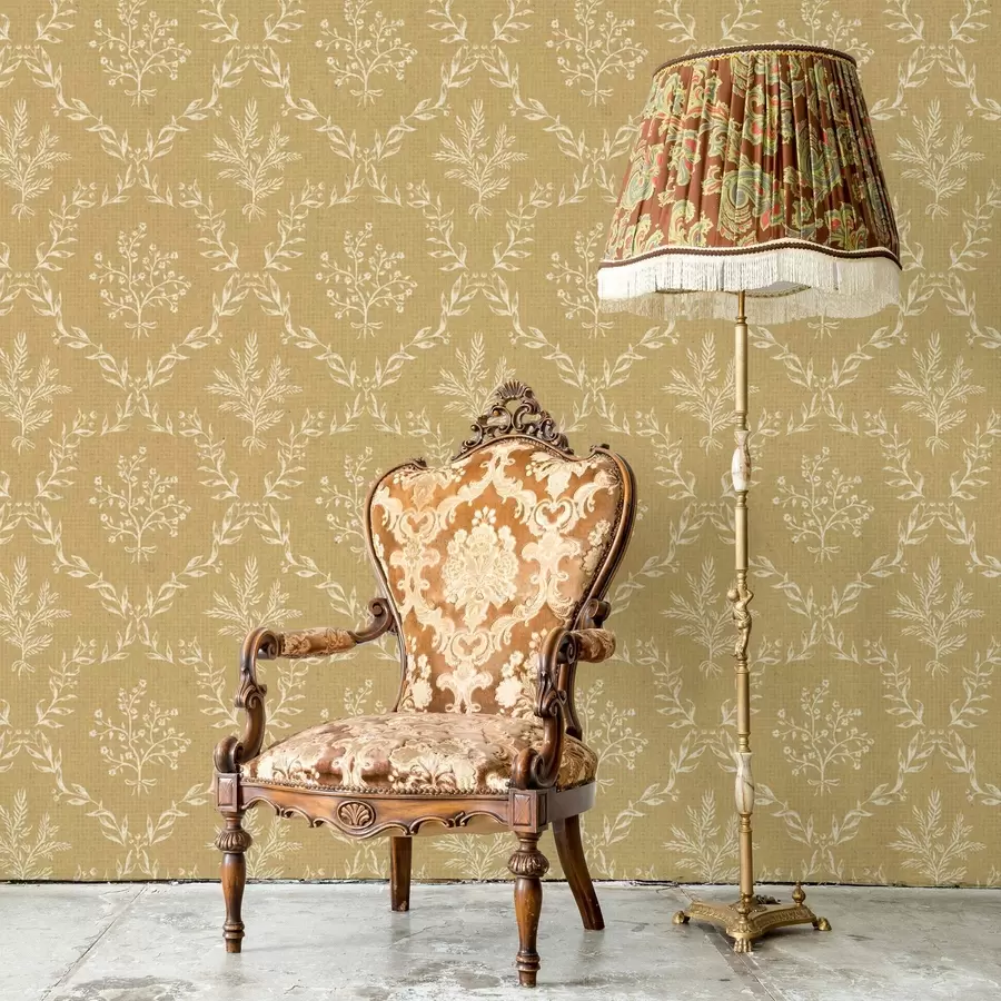 Valokuvatapetti Valkoiset yrtti- ja kukkaseppeleet sinapinvärisellä pohjalla a00599