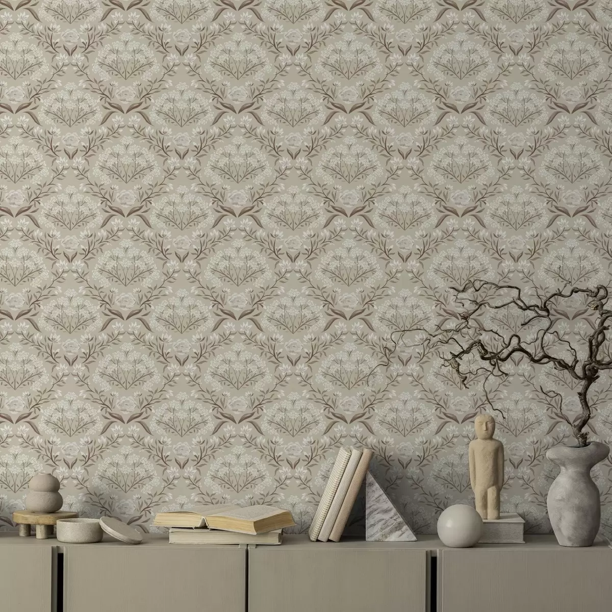 Taustakuva Beige damask: pionit, lumikellot ja pitsimäiset kukkakimput a00603v1