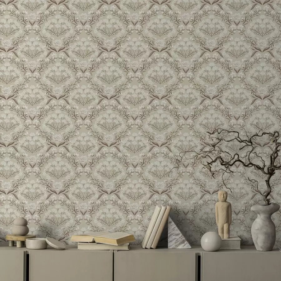 Valokuvatapetti Beige damask: pionit, lumikellot ja pitsimäiset kukkakimput a00603v1