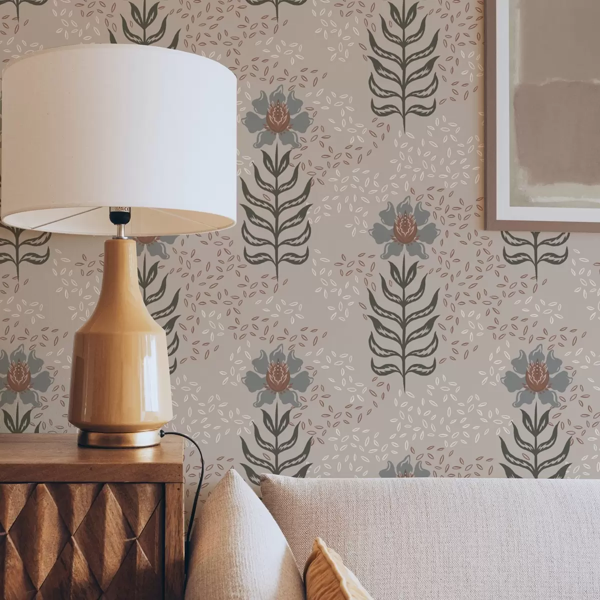 Taustakuva Tyylitellyt kukat ja siemenet lämpimällä beige-värillä a00604