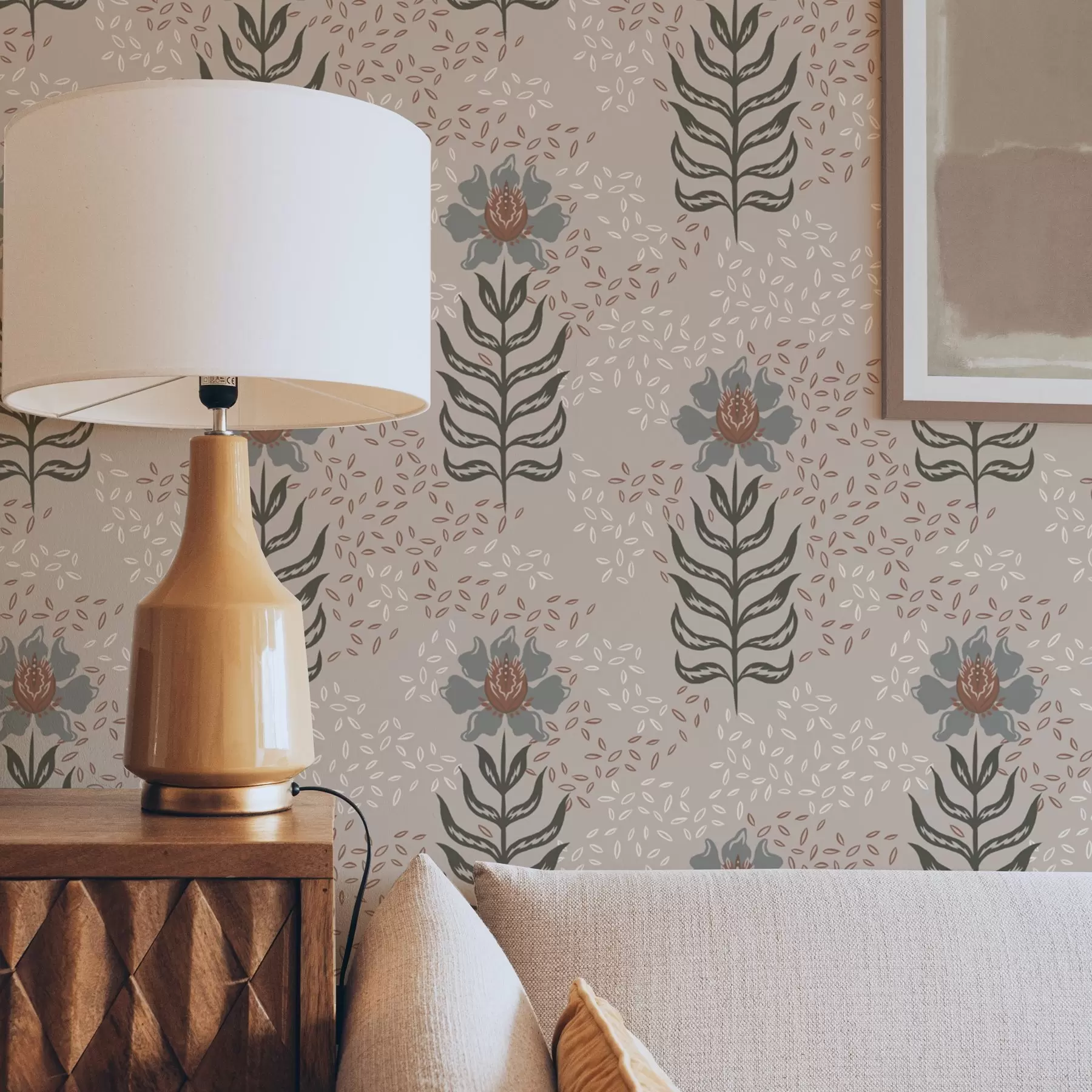 Valokuvatapetti Tyylitellyt kukat ja siemenet lämpimällä beige-värillä a00604