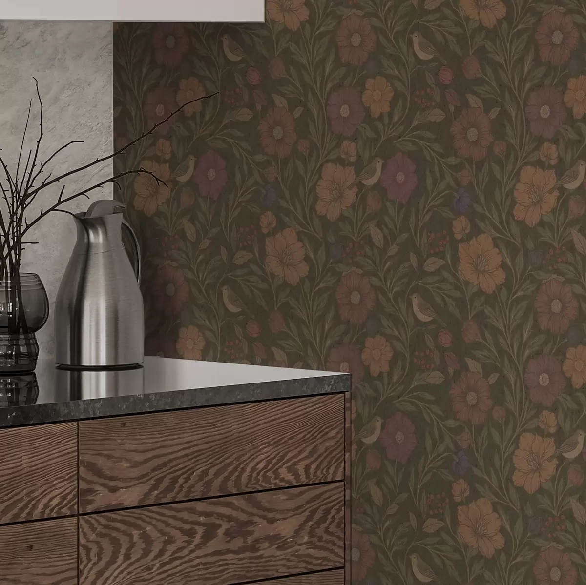 Taustakuva Syksyn kukat ja linnut oliivinruskealla taustalla a00605