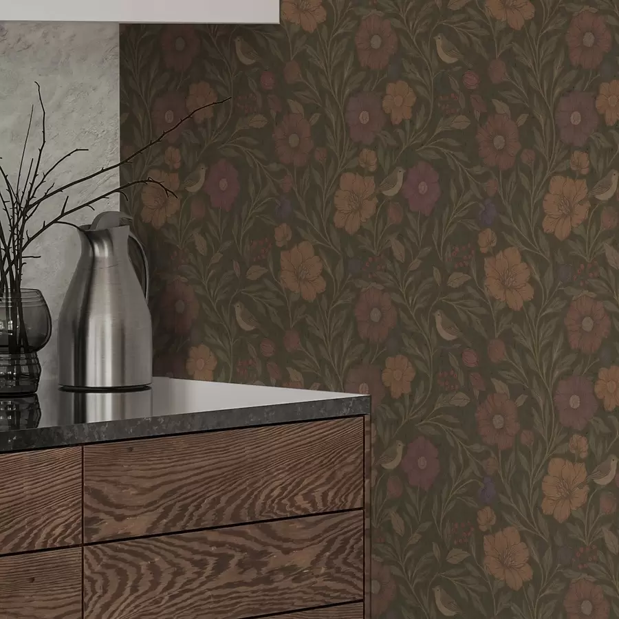 Valokuvatapetti Syksyn kukat ja linnut oliivinruskealla taustalla a00605