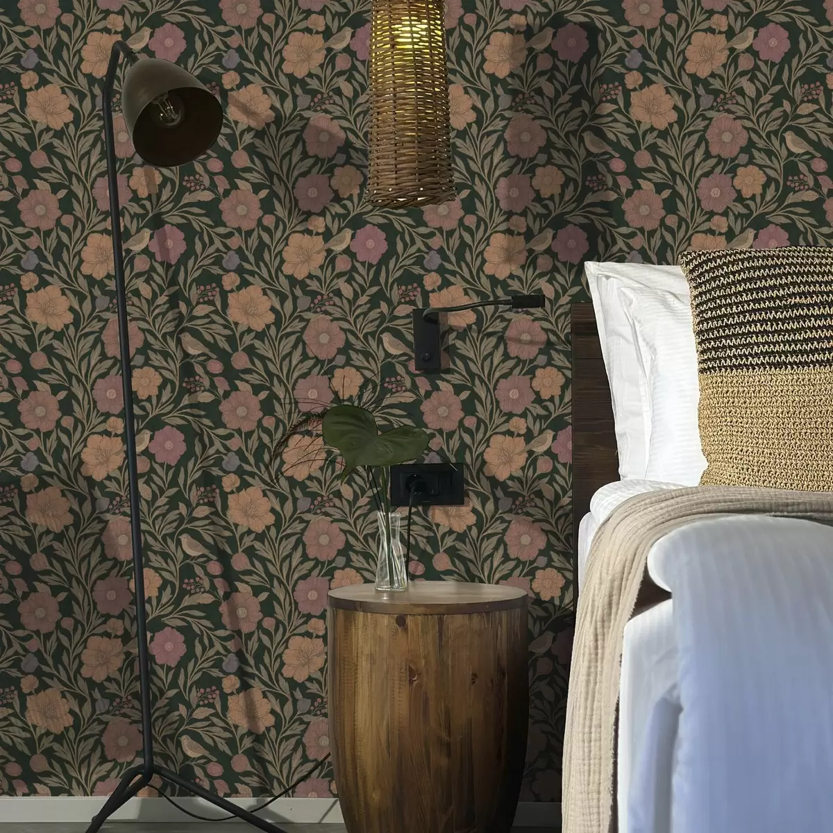 Taustakuva Syksyn kukat ja linnut syvän smaragdinvihreällä taustalla a00605v1