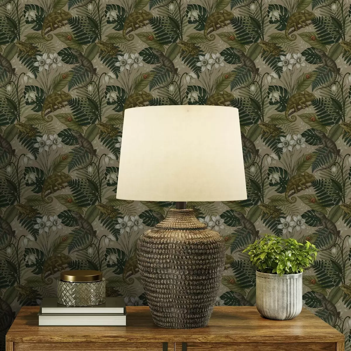 Taustakuva Kameleontit ja trooppiset lehdet, valkoiset kukat, beige tausta a00608