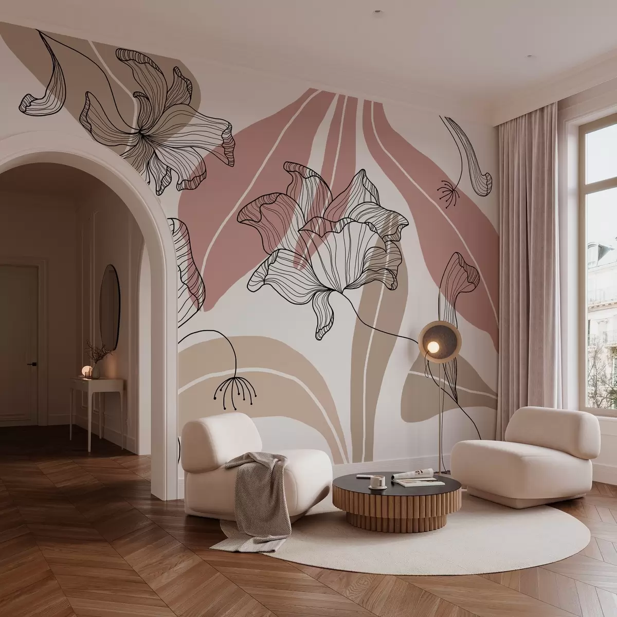 Valokuvatapetti abstraktit lehdet ja kukat jauhemaisissa ja beigeissä sävyissä w04499