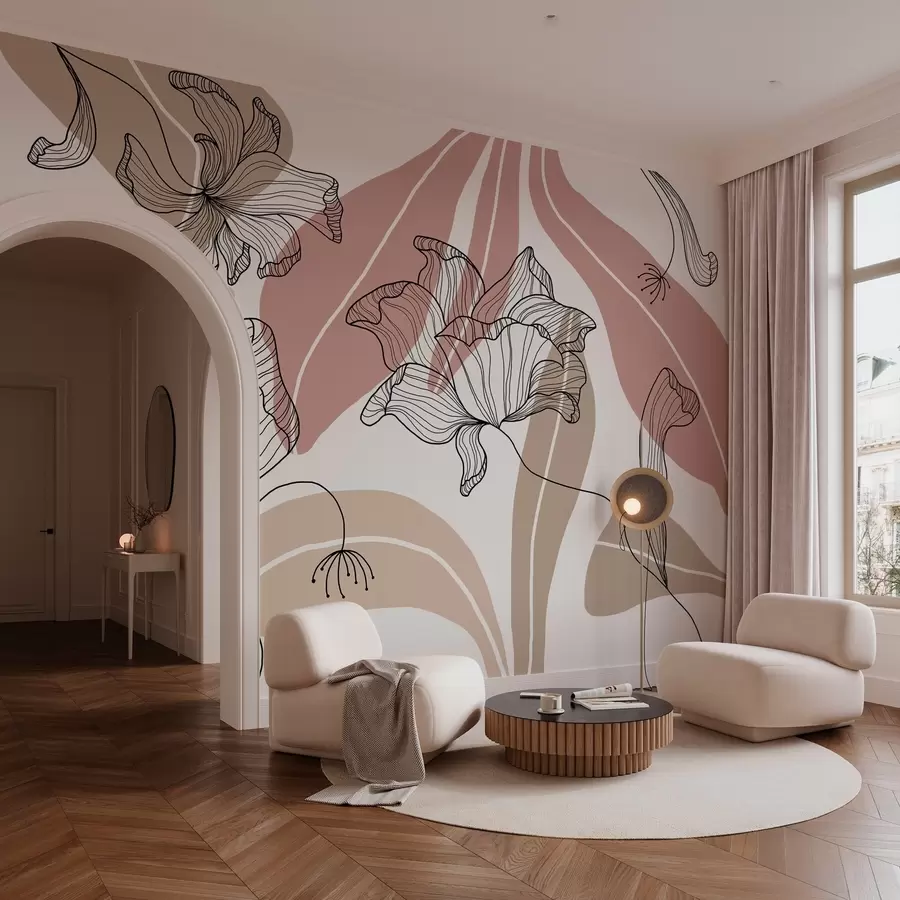 Valokuvatapetti abstraktit lehdet ja kukat jauhemaisissa ja beigeissä sävyissä w04499