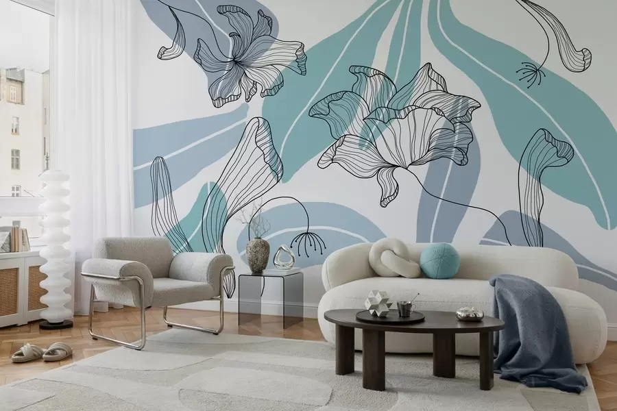 Valokuvatapetti abstraktit lehdet ja kukat sinisissä sävyissä w04499v2
