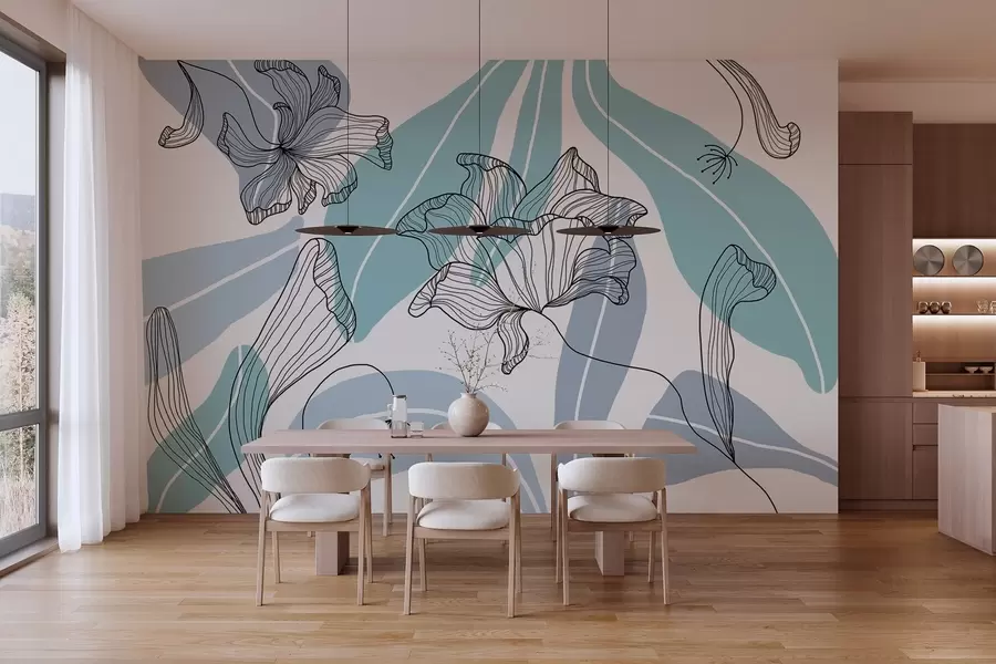 Valokuvatapetti abstraktit lehdet ja kukat sinisissä sävyissä w04499v2