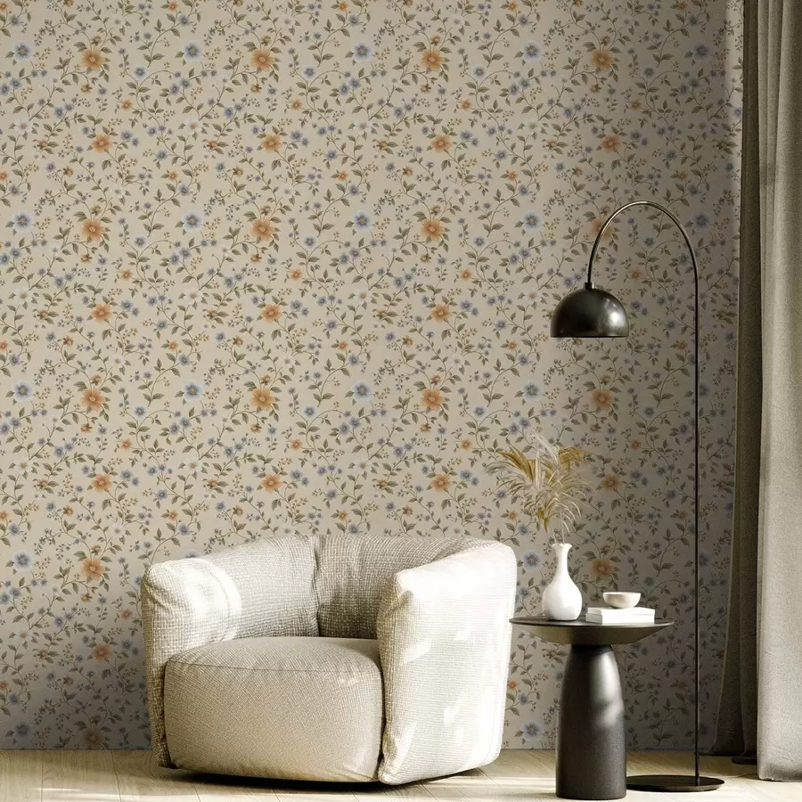 Valokuvatapetti Kukalliset oksat sinisillä ja persikanvärisillä kukilla a00575