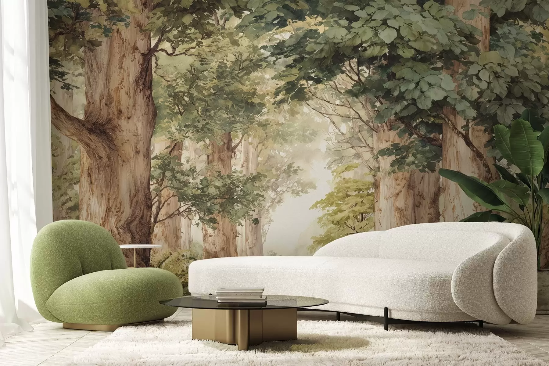 Valokuvatapetti Vesiväri-tyylinen metsäpolku majesteettisten puiden keskellä w09404