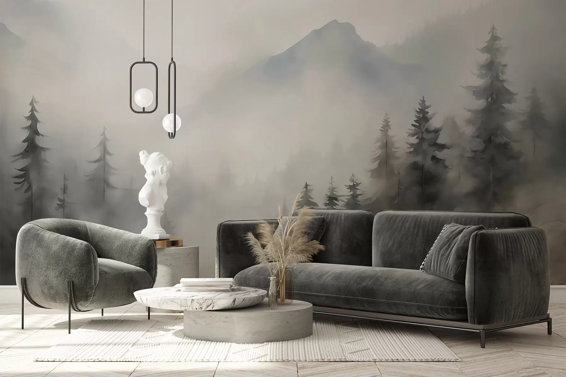 Valokuvatapetti Metsä sumussa vuorten taustalla w04493