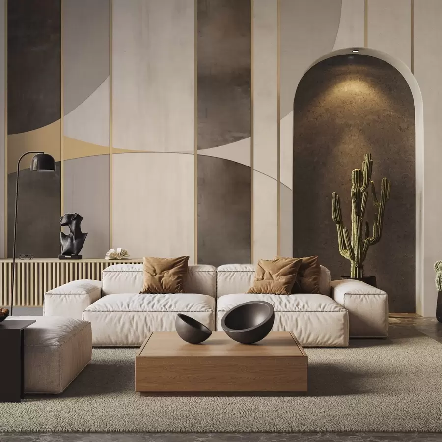 Valokuvatapetti Geometriset paneelit, joissa on kaaria ja samppanjansävyisiä yksityiskohtia w04616