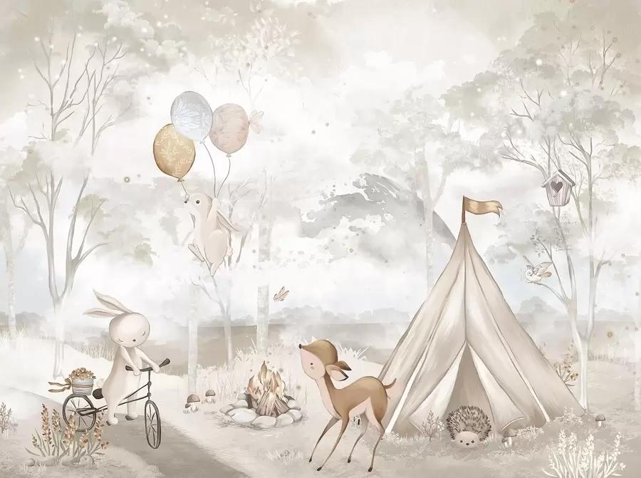 Valokuvatapetti Lasten leiri lämpimissä beige-sävyissä, teltta ja metsän eläimet w04671