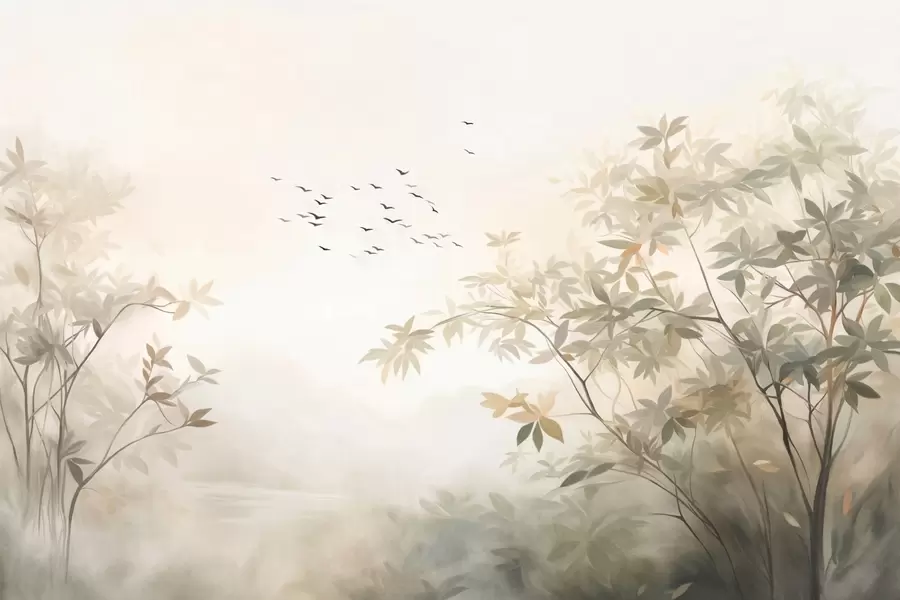 Valokuvatapetti Teksturoitu maisema, jossa on puita ja taivaalla lentävä lintuparvi, pastellivärit, luontokohtaus  w09418