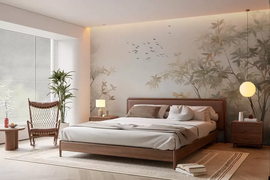 Valokuvatapetti Teksturoitu maisema, jossa on puita ja taivaalla lentävä lintuparvi, pastellivärit, luontokohtaus  w09418