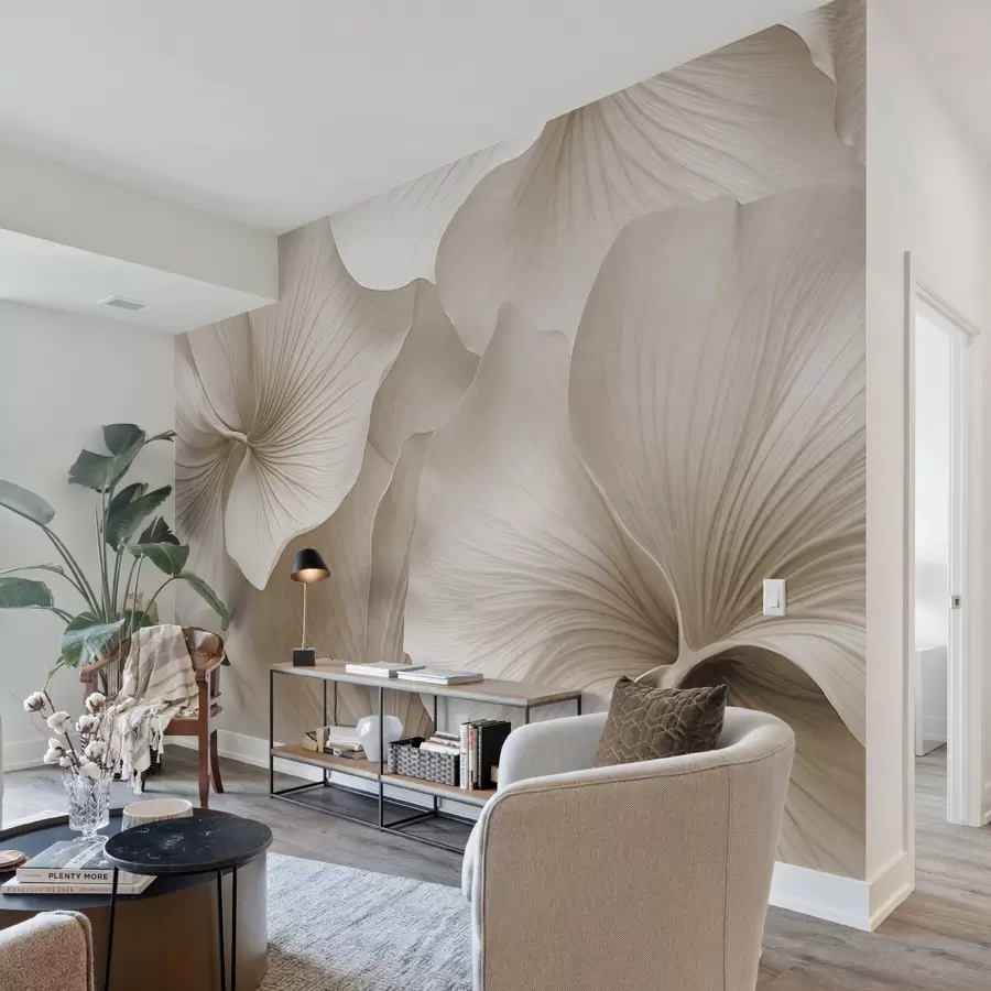 Valokuvatapetti Valkoiset ja beige ginkgo-lehdet, pehmeä  tekstuuri, abstrakti kukkatausta, minimalistinen moderni tyyli w09421v1