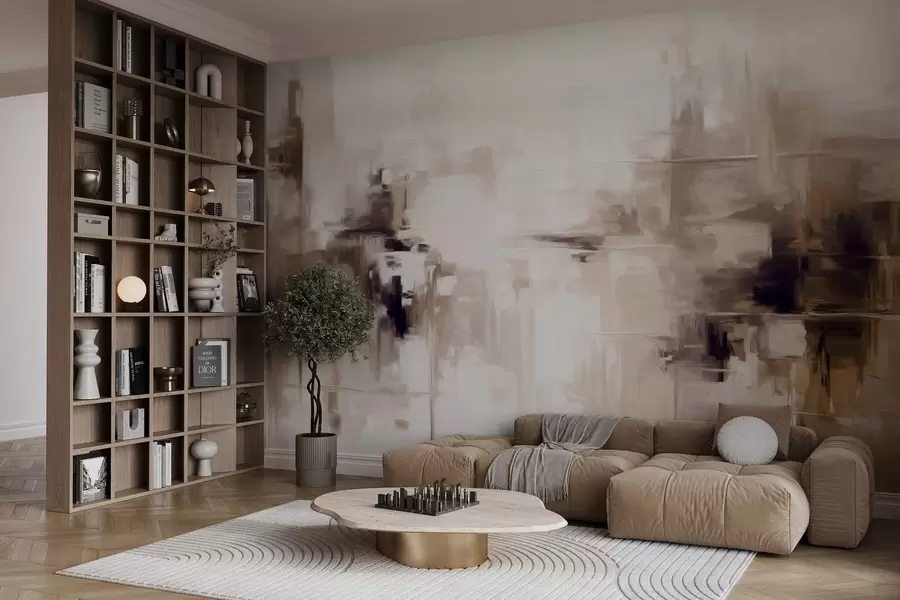 Valokuvatapetti Abstrakti teksturoitu maisemamaalaus, jossa on ruskeita ja valkoisia siveltimenvetoja, moderni tyyli w09422v1