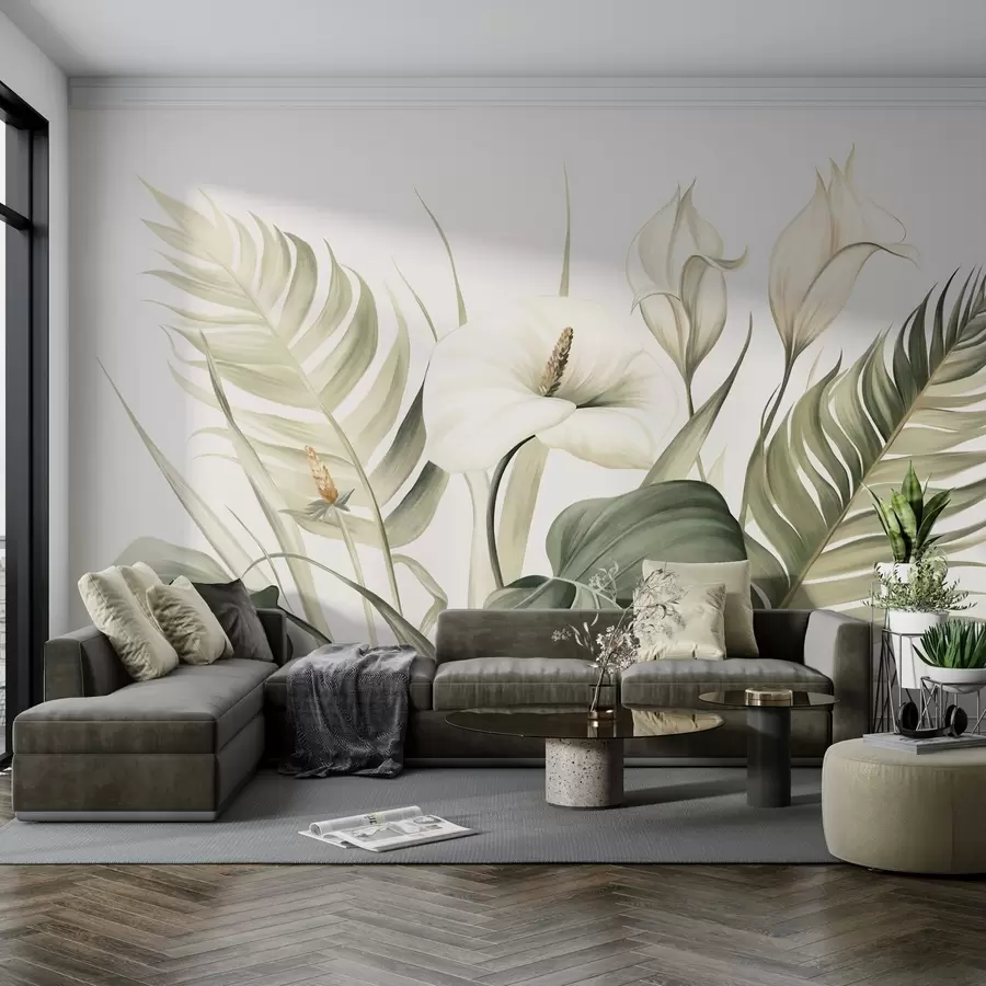 Valokuvatapetti Valkoiset kalla-liljat ja vihreät trooppiset lehdet, kasvitieteellinen piirros, vaalea tausta, vintage-tyyli, teksturoitu w09423