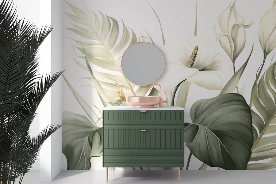 Valokuvatapetti Valkoiset kalla-liljat ja vihreät trooppiset lehdet, kasvitieteellinen piirros, vaalea tausta, vintage-tyyli, teksturoitu w09423