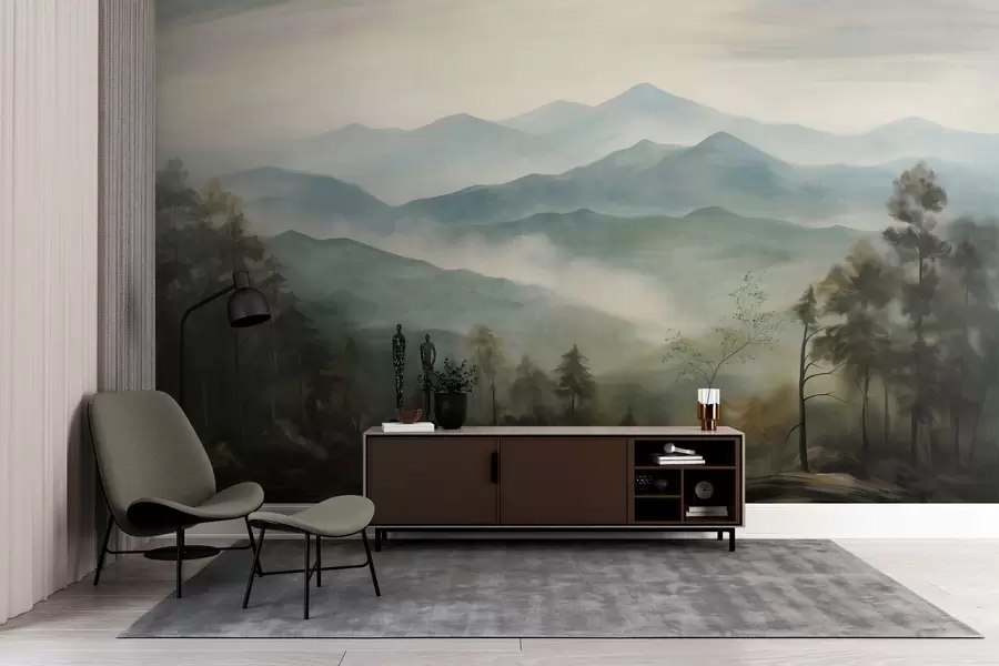 Valokuvatapetti Sumuiset vuoret, puita, sumua, pilvinen taivas, hillityt värit, maisemamaalaus w09424